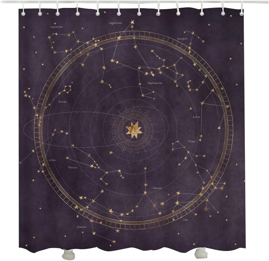 Planetary Orbits Zodiac Constellations Dark Purple Astrological Star Map Shower Curtain for Bathroom Decor
