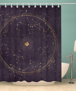 Planetary Orbits Zodiac Constellations Dark Purple Astrological Star Map Shower Curtain for Bathroom Decor