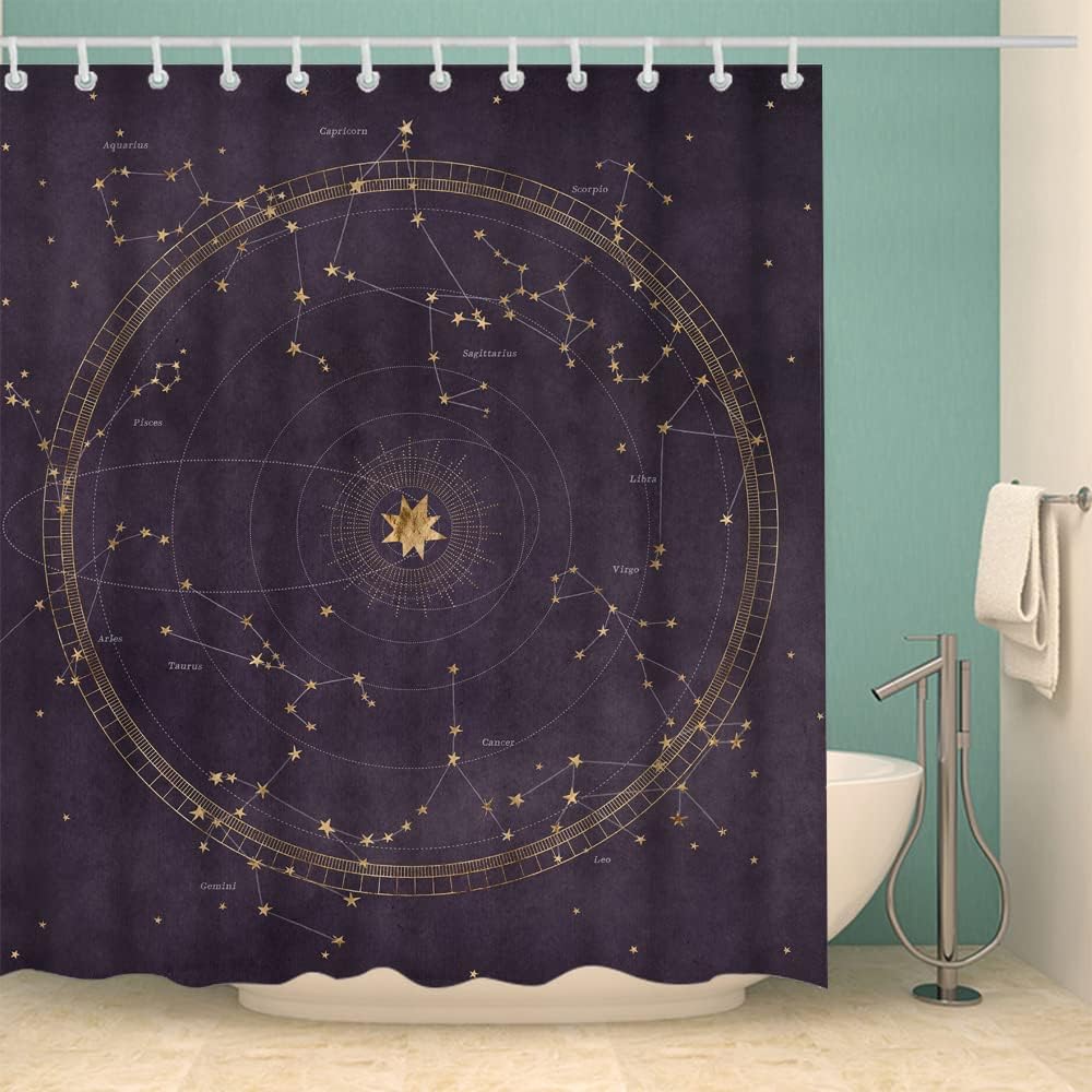 Planetary Orbits Zodiac Constellations Dark Purple Astrological Star Map Shower Curtain for Bathroom Decor