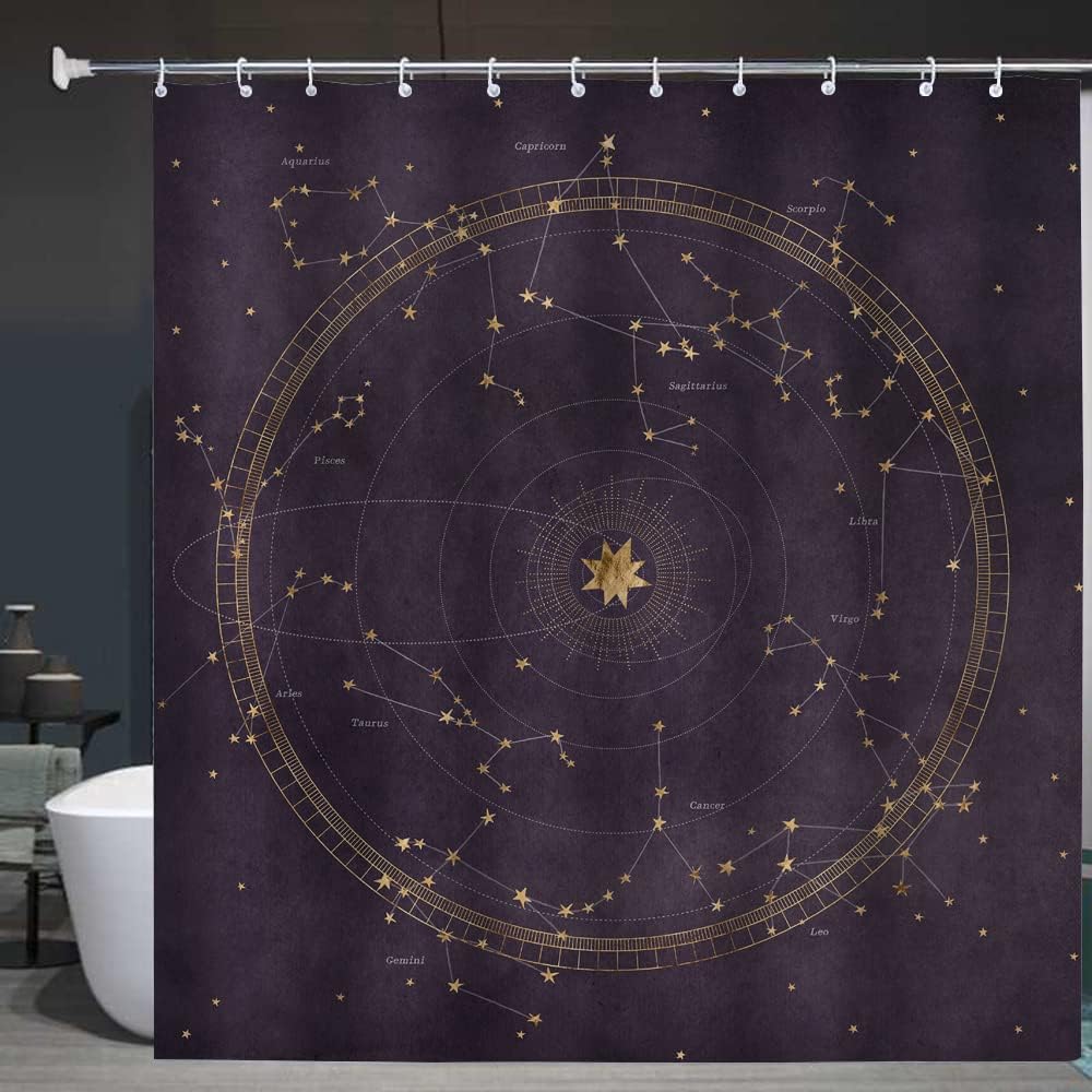 Planetary Orbits Zodiac Constellations Dark Purple Astrological Star Map Shower Curtain for Bathroom Decor