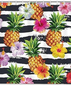 Plant Fruit Hawaiian Pattern Pineapples Hibiscus Flowers Shower Curtain