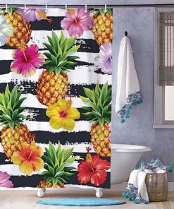 Plant Fruit Hawaiian Pattern Pineapples Hibiscus Flowers Shower Curtain