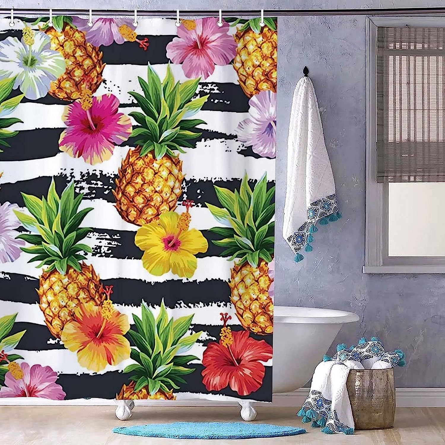 Plant Fruit Hawaiian Pattern Pineapples Hibiscus Flowers Shower Curtain