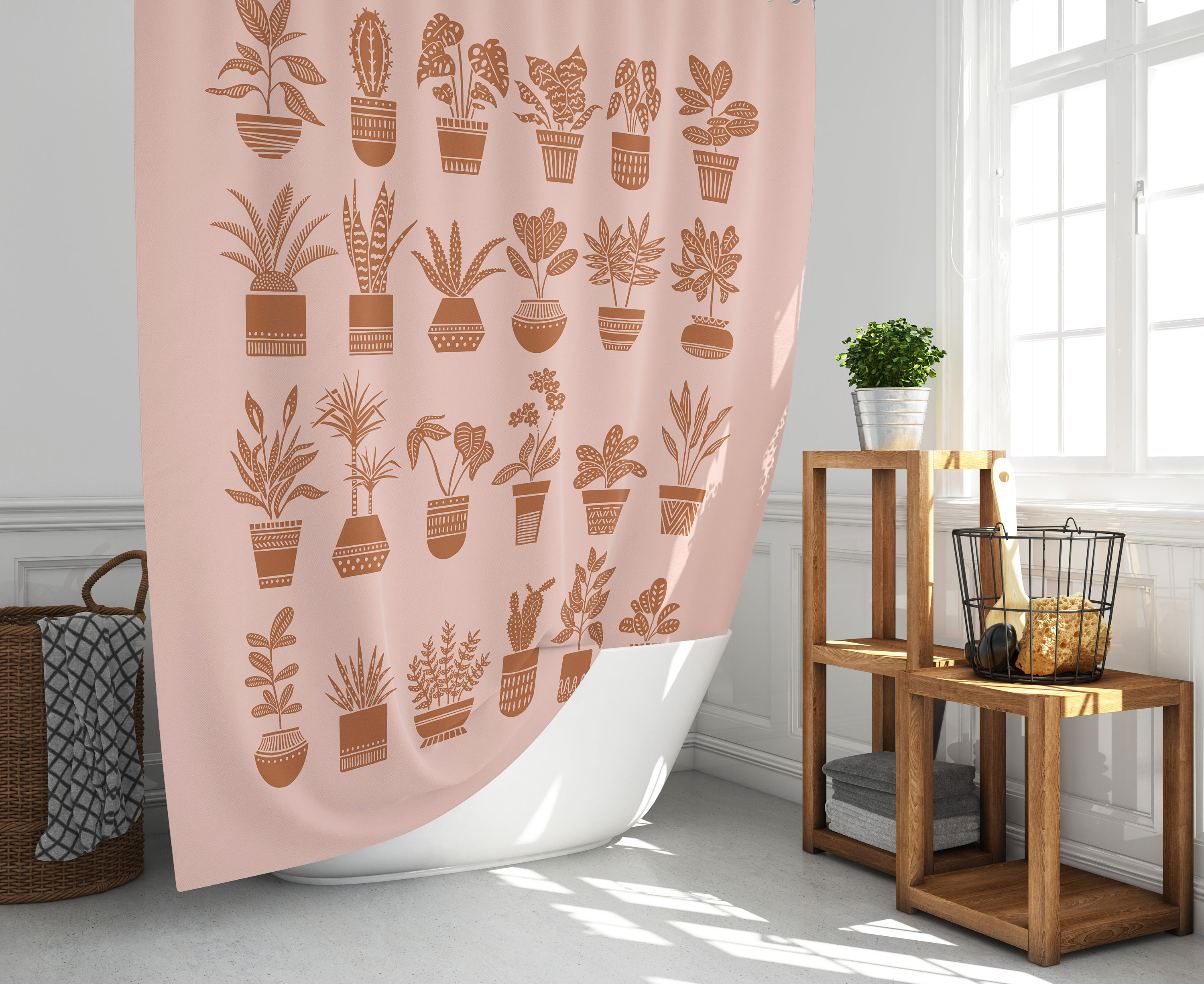 Plant Lady Shower Curtain with Potted Plants and Cactus Lover Gift