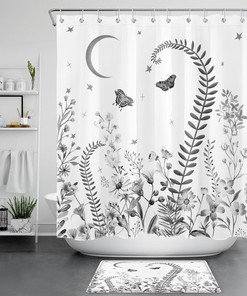Plant Leaf Flower Butterfly Shower Curtain, Botanical Bathroom Decor