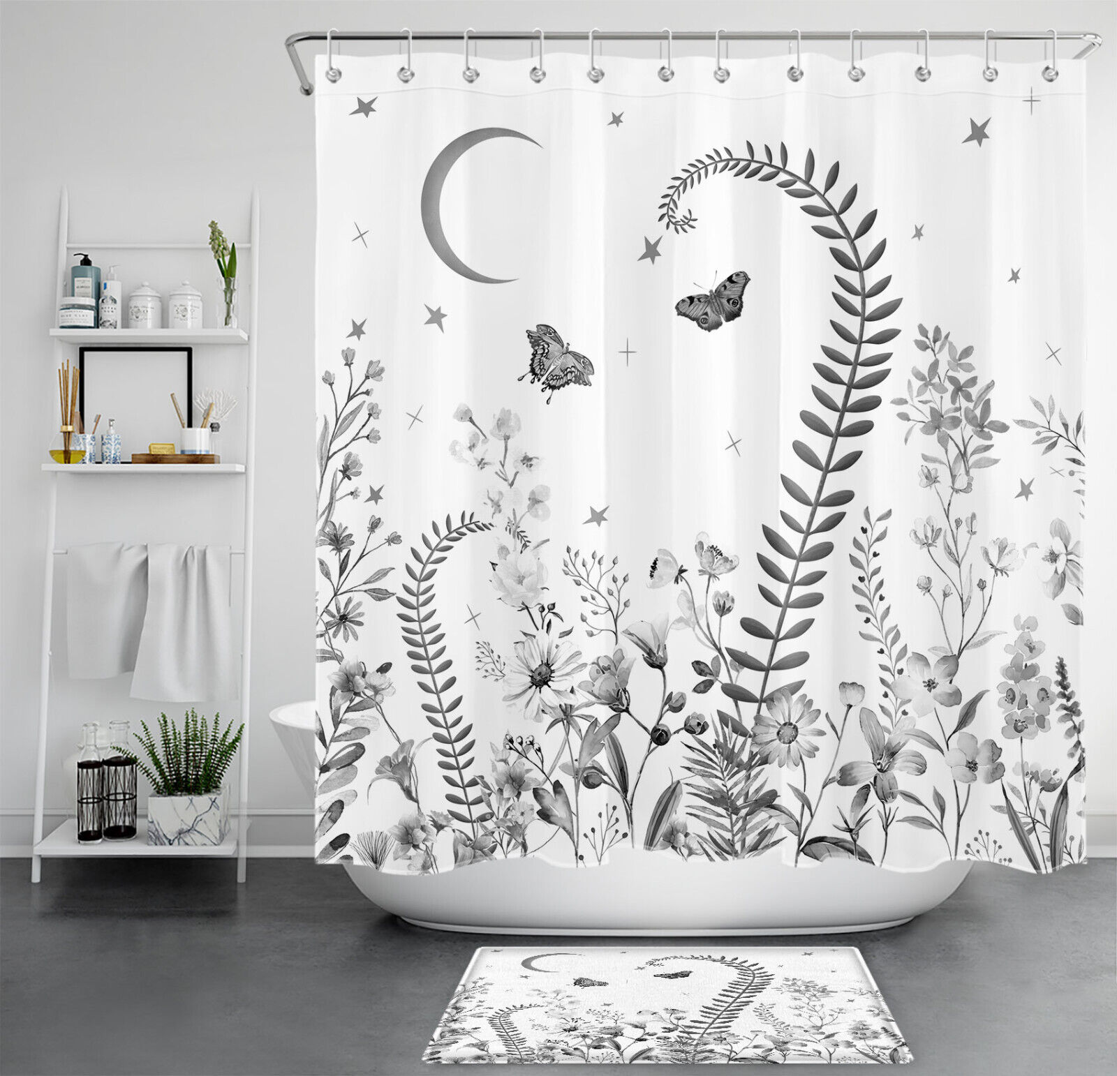 Plant Leaf Flower Butterfly Shower Curtain, Botanical Bathroom Decor