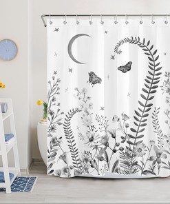 Plant Leaf Flower Butterfly Shower Curtain, Botanical Bathroom Decor