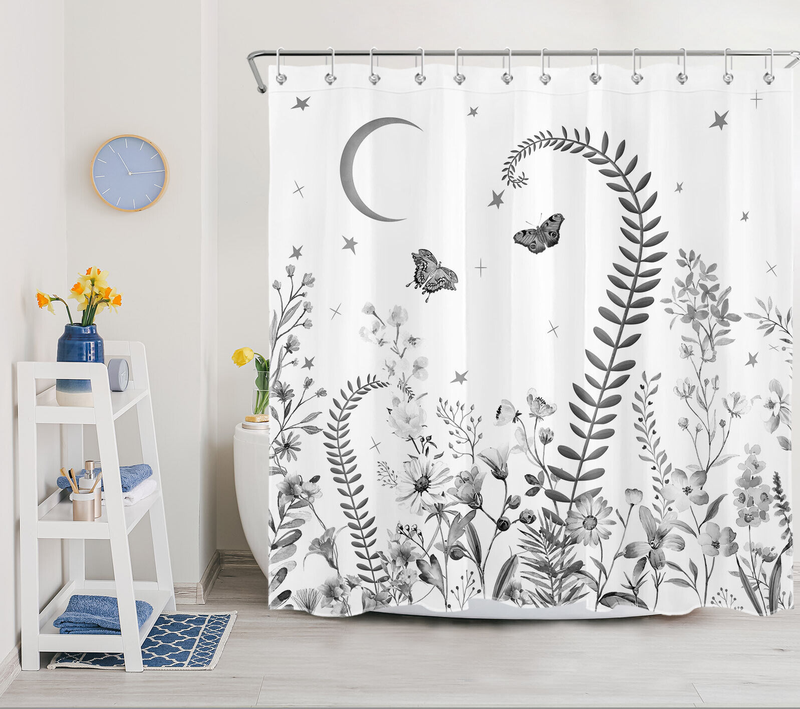 Plant Leaf Flower Butterfly Shower Curtain, Botanical Bathroom Decor