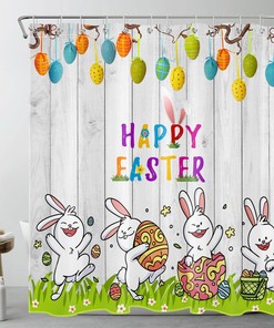 Plant Leaf and Cute Rabbit Easter Eggs Shower Curtain Set - Retro Bathroom Accessories