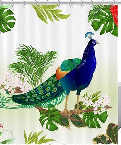 Plant Leaves and Peacock Print Fabric Shower Curtain for Bold Bathroom Decor