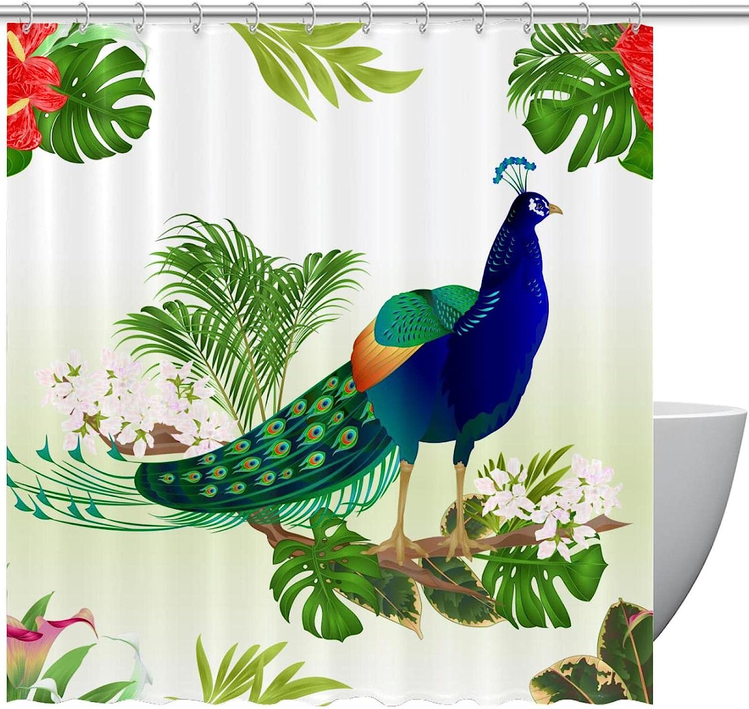 Plant Leaves and Peacock Print Fabric Shower Curtain for Bold Bathroom Decor
