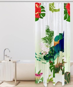 Plant Leaves and Peacock Print Fabric Shower Curtain for Bold Bathroom Decor
