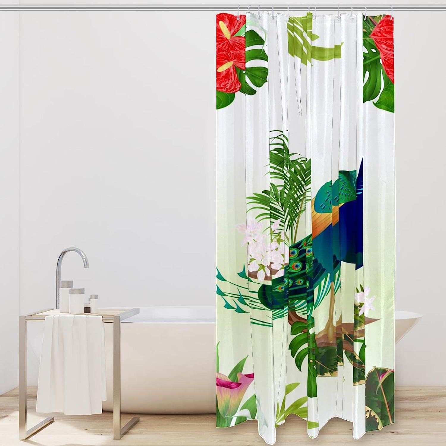 Plant Leaves and Peacock Print Fabric Shower Curtain for Bold Bathroom Decor