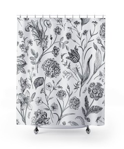 Plant Sketch White Shower Curtain for Botanical Bathroom with Nature Print