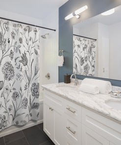 Plant Sketch White Shower Curtain for Botanical Bathroom with Nature Print