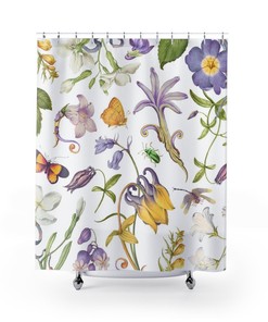 Plant and Butterfly Purple Shower Curtain Set, Natural Floral Bathroom Decor with Nature Theme