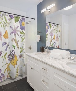 Plant and Butterfly Purple Shower Curtain Set, Natural Floral Bathroom Decor with Nature Theme