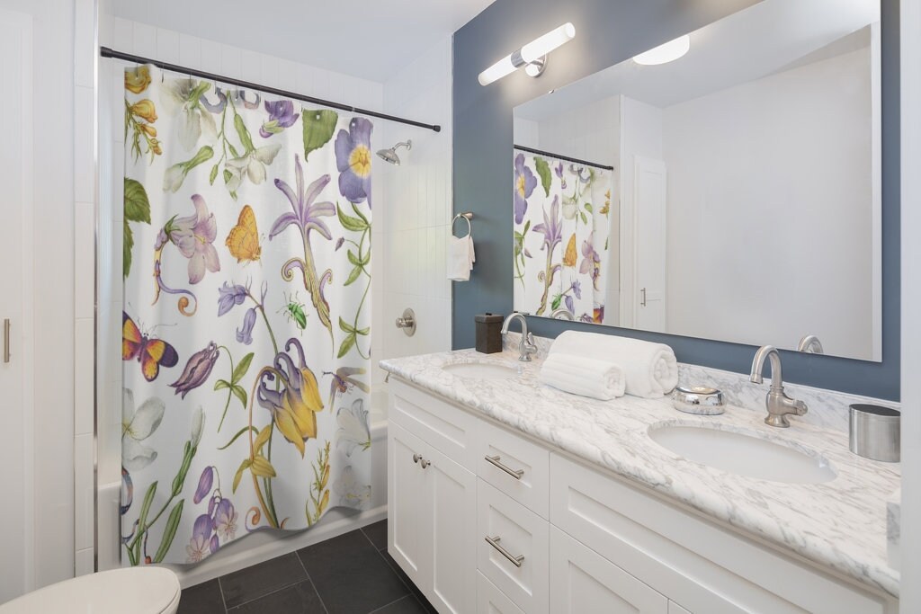 Plant and Butterfly Purple Shower Curtain Set, Natural Floral Bathroom Decor with Nature Theme