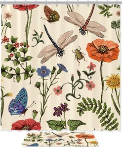 Plants and Insects Shower Curtain for Summer Bathroom Decor 