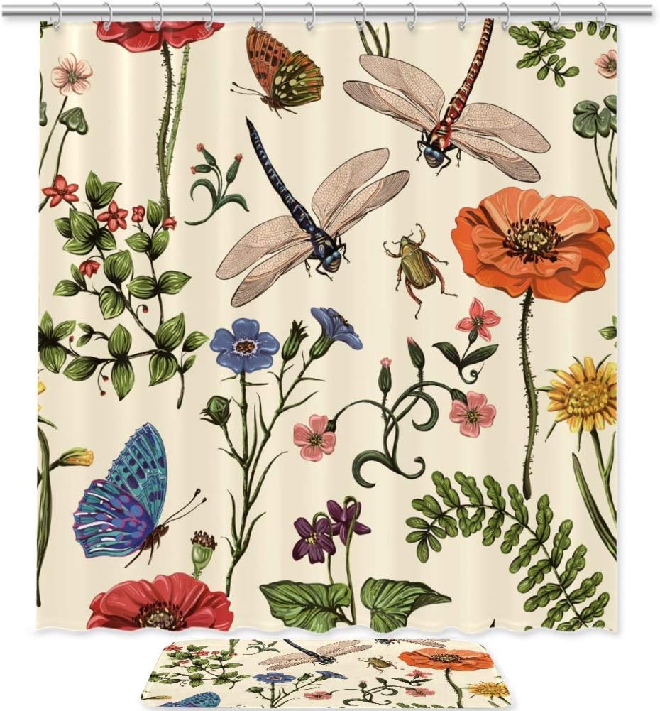 Plants and Insects Shower Curtain for Summer Bathroom Decor
