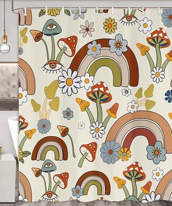 Playful And Artsy Boho Mushroom Shower Curtain With Hippie Funny Floral Flower Eye Rainbow For Unique Bathroom Decor
