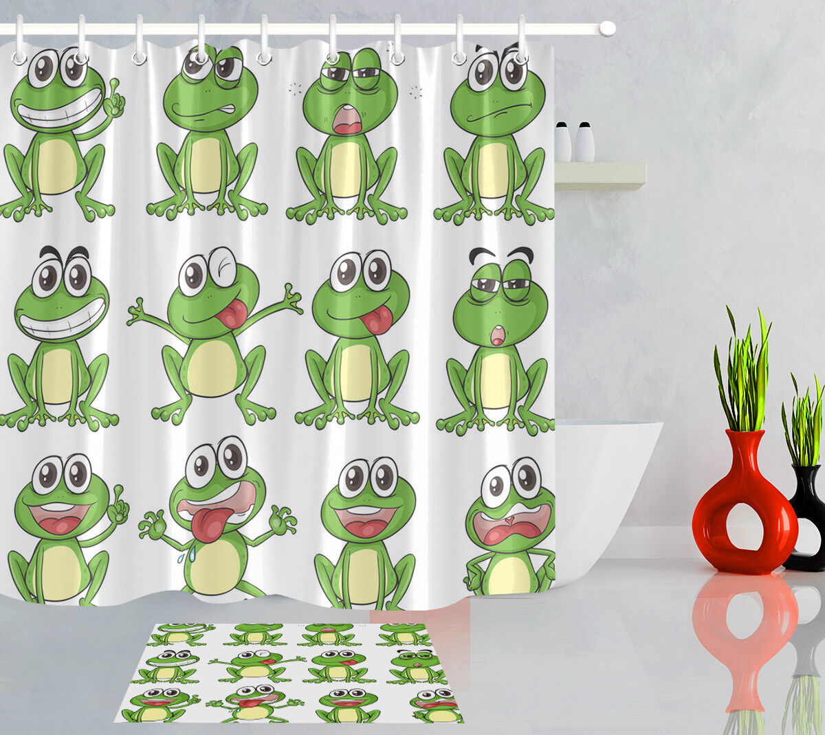 Playful And Colorful Cartoon Style Funny Frog Pattern Waterproof Fabric Shower Curtain For Kids Bathroom Decor
