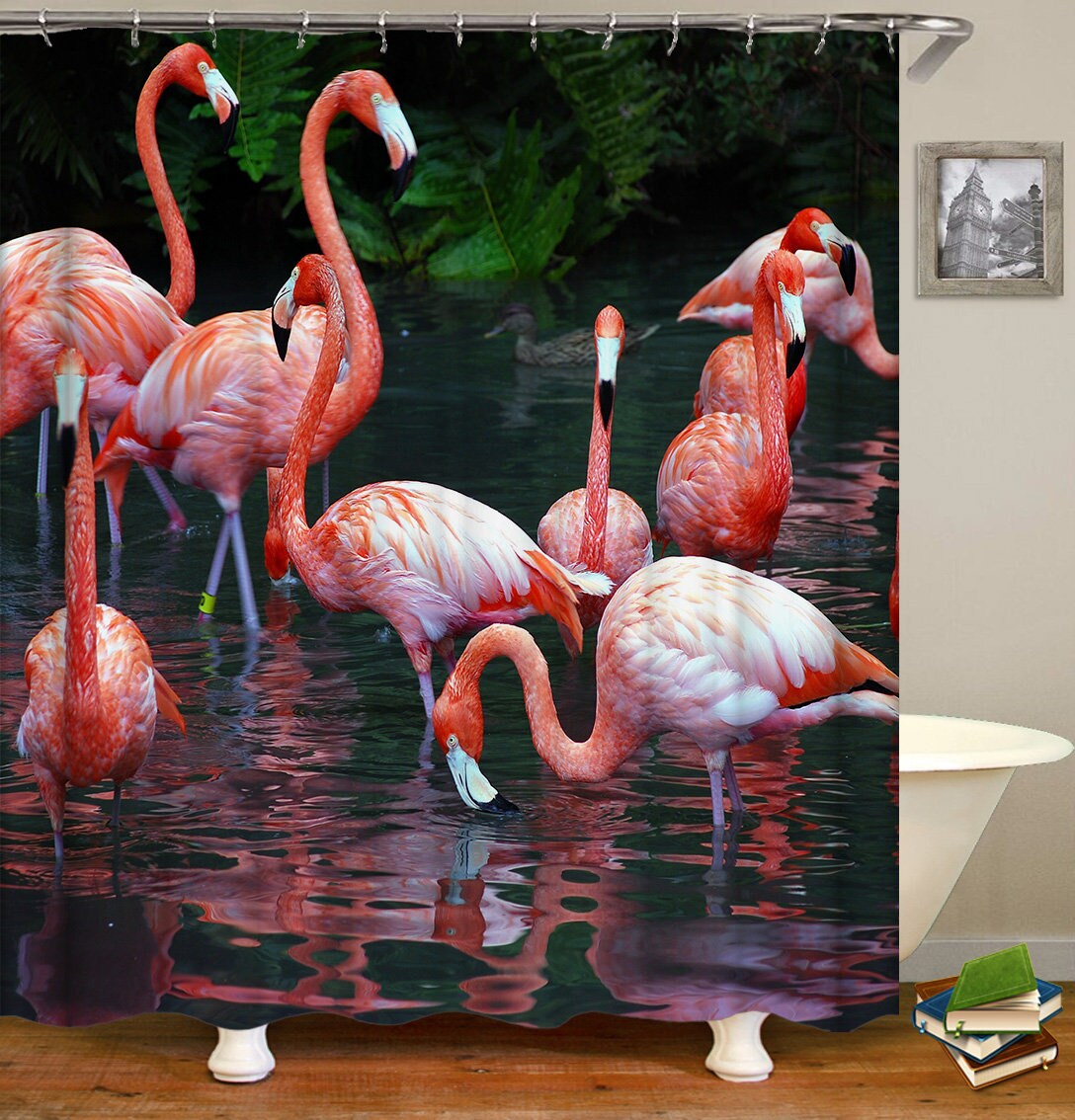 Playful And Colorful Flamingos Shower Curtain With Waterproof Fabric And Multiple Styles, Ideal Bathroom Decor