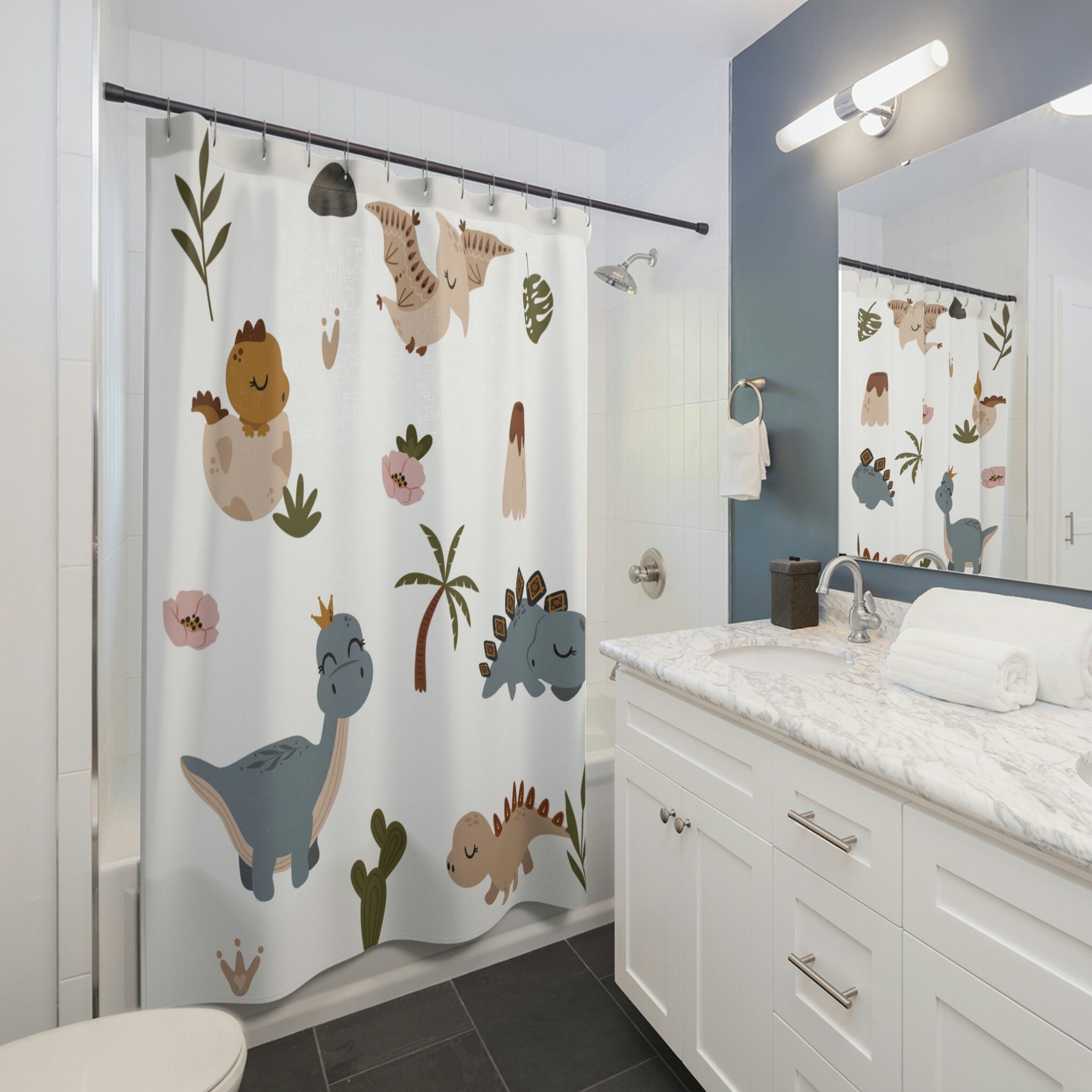 Playful And Cute Dinosaur Kids Shower Curtain For A Fun And Adorable Bathroom Decor