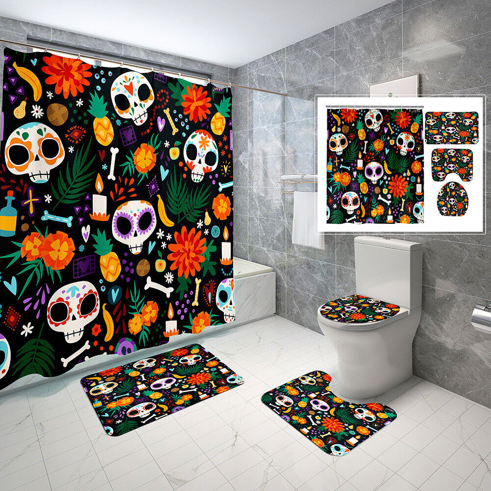 Playful And Floral Cartoon Skull Leaves Flowers Print Shower Curtain For Bathroom Decor