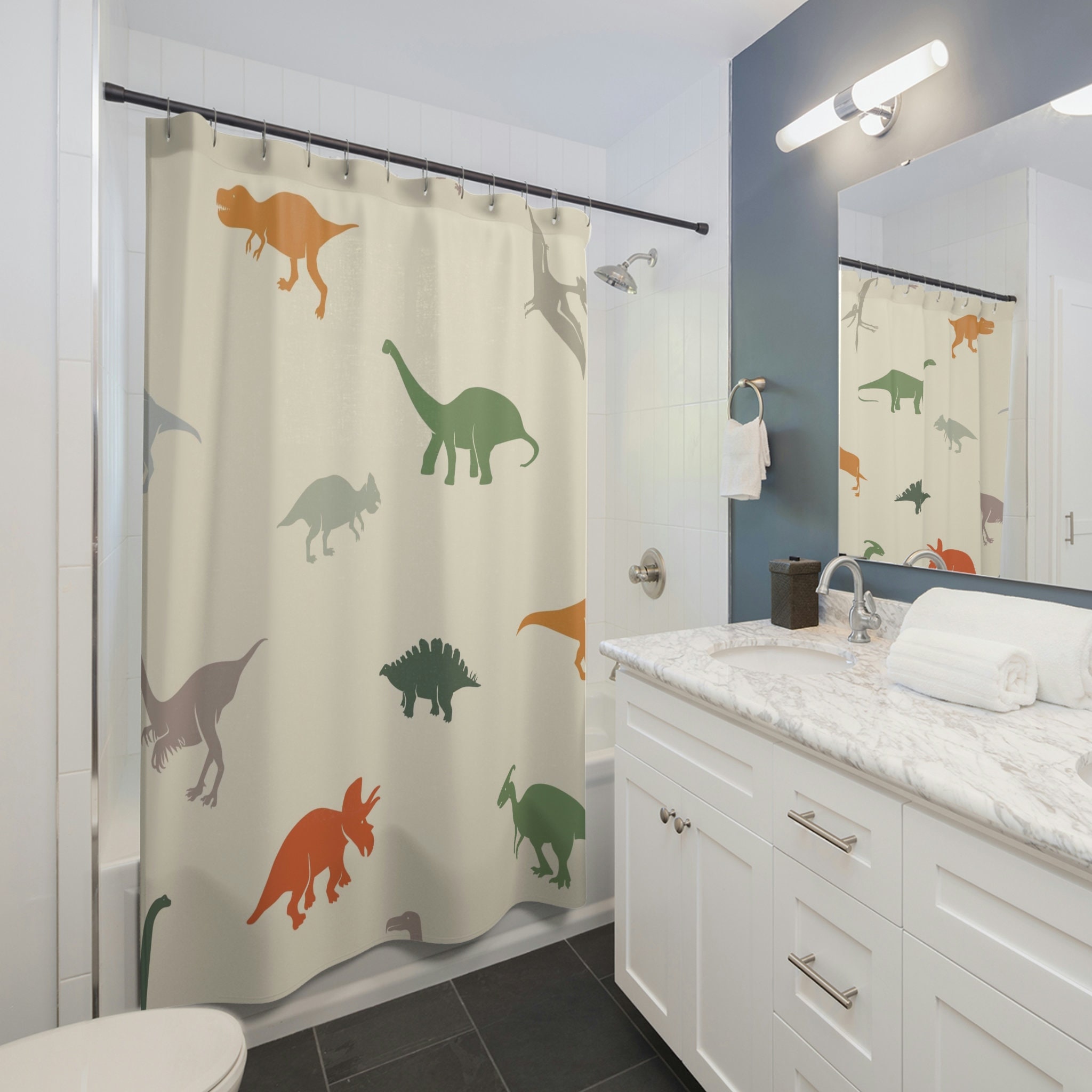 Playful And Fun Dinosaur Shower Curtain That Refreshes And Brightens Up Your Bathroom