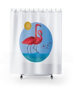 Playful And Serene Shower Curtain With Flamingos On The Shore, Perfect Bathroom Decor For Animal Lovers