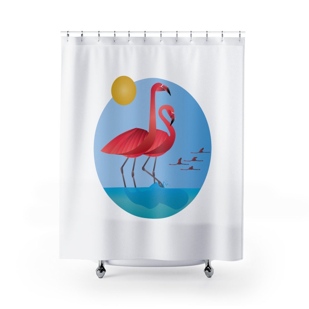 Playful And Serene Shower Curtain With Flamingos On The Shore, Perfect Bathroom Decor For Animal Lovers