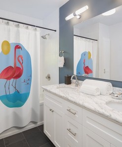 Playful And Serene Shower Curtain With Flamingos On The Shore, Perfect Bathroom Decor For Animal Lovers