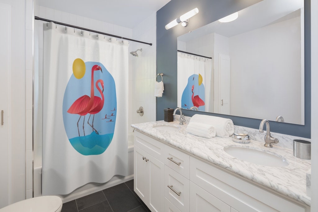 Playful And Serene Shower Curtain With Flamingos On The Shore, Perfect Bathroom Decor For Animal Lovers