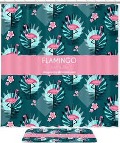 Playful And Vibrant Shower Curtain With Flamingo Pattern In Green And Waterproof Bath Mat, Perfect For Animal Lovers