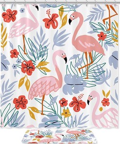Playful And Vibrant Shower Curtain With Flamingos, Leaves, And Flowers, Ideal Bathroom Decor For Animal Lovers