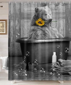 Playful Bear In Bathtub Shower Curtain For Kids Bathroom Decor, Animals Bath Curtain, Farmhouse Bathroom Accessories