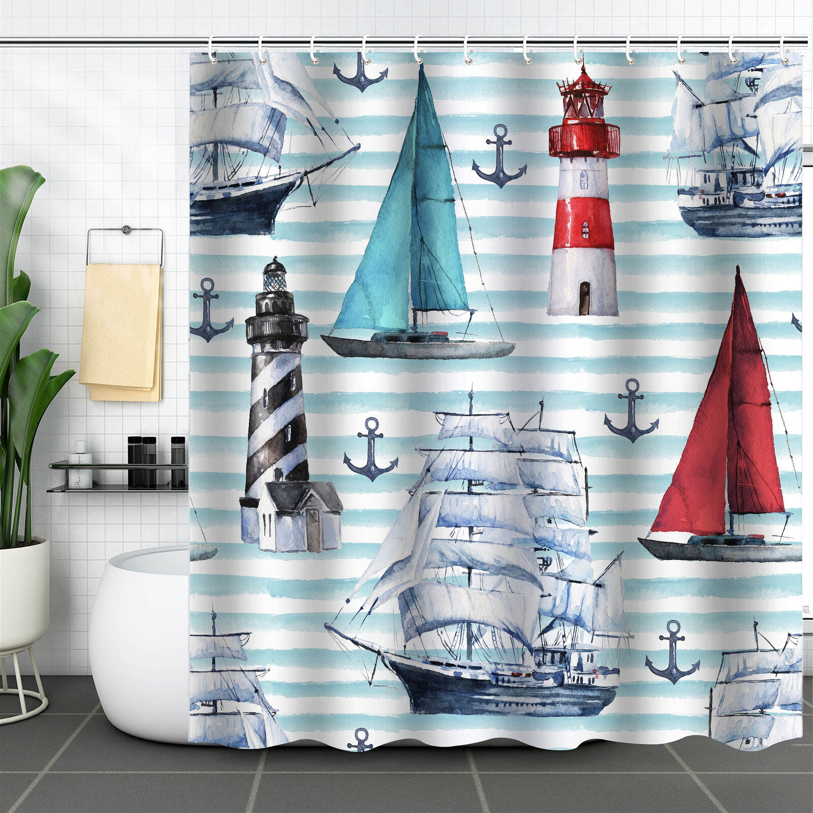 Playful Cartoon Forest Mushroom House Waterproof Fabric Bathroom Shower Curtain