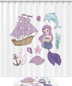 Playful Cartoon Mermaid Shower Curtain Waterproof Fabric Curtian For Your Bathroom Decor