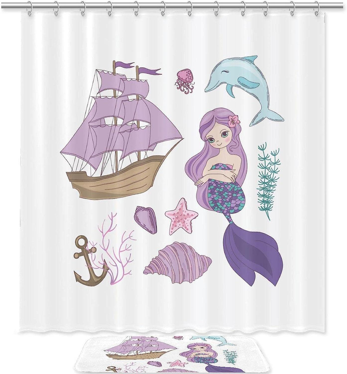 Playful Cartoon Mermaid Shower Curtain Waterproof Fabric Curtian For Your Bathroom Decor