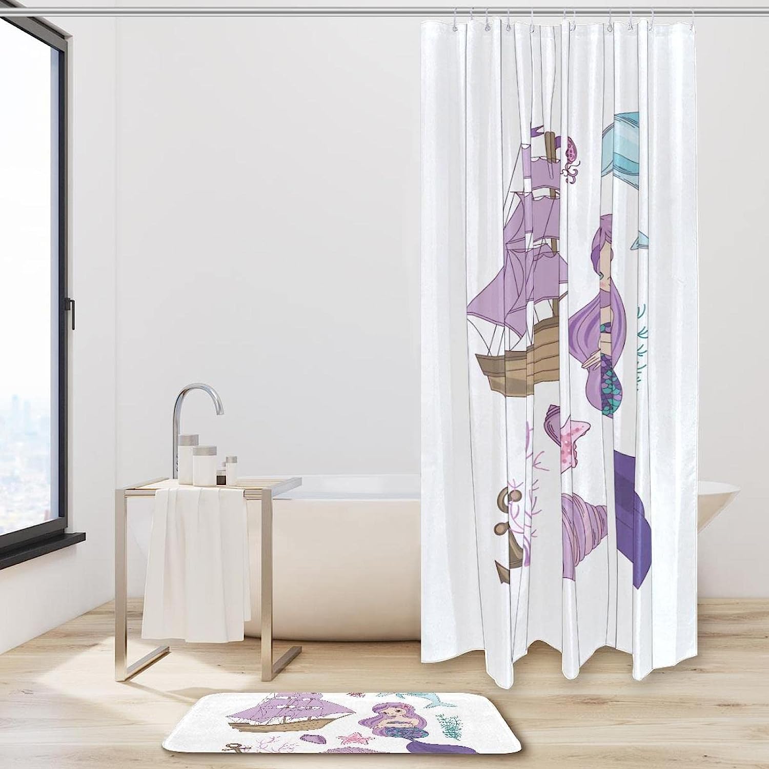 Playful Cartoon Mermaid Shower Curtain Waterproof Fabric Curtian For Your Bathroom Decor - Image 2