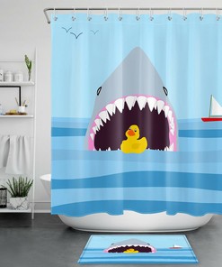 Playful Cartoon Sailing Shark Little Yellow Duck Bathroom Shower Curtain