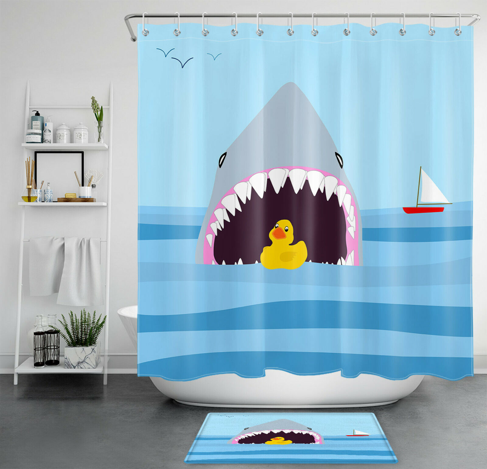 Playful Cartoon Sailing Shark Little Yellow Duck Bathroom Shower Curtain