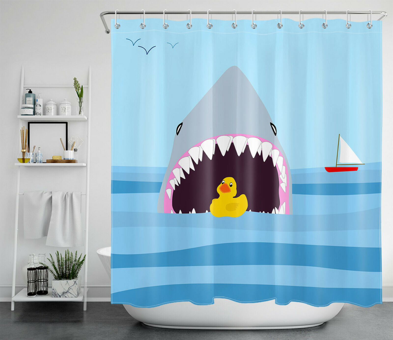 Playful Cartoon Sailing Shark Little Yellow Duck Bathroom Shower Curtain - Image 2