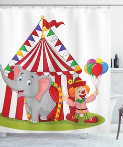 Playful Cartoon Shower Curtain With Circus Elephant Tent Print For Kids Bathroom Decor