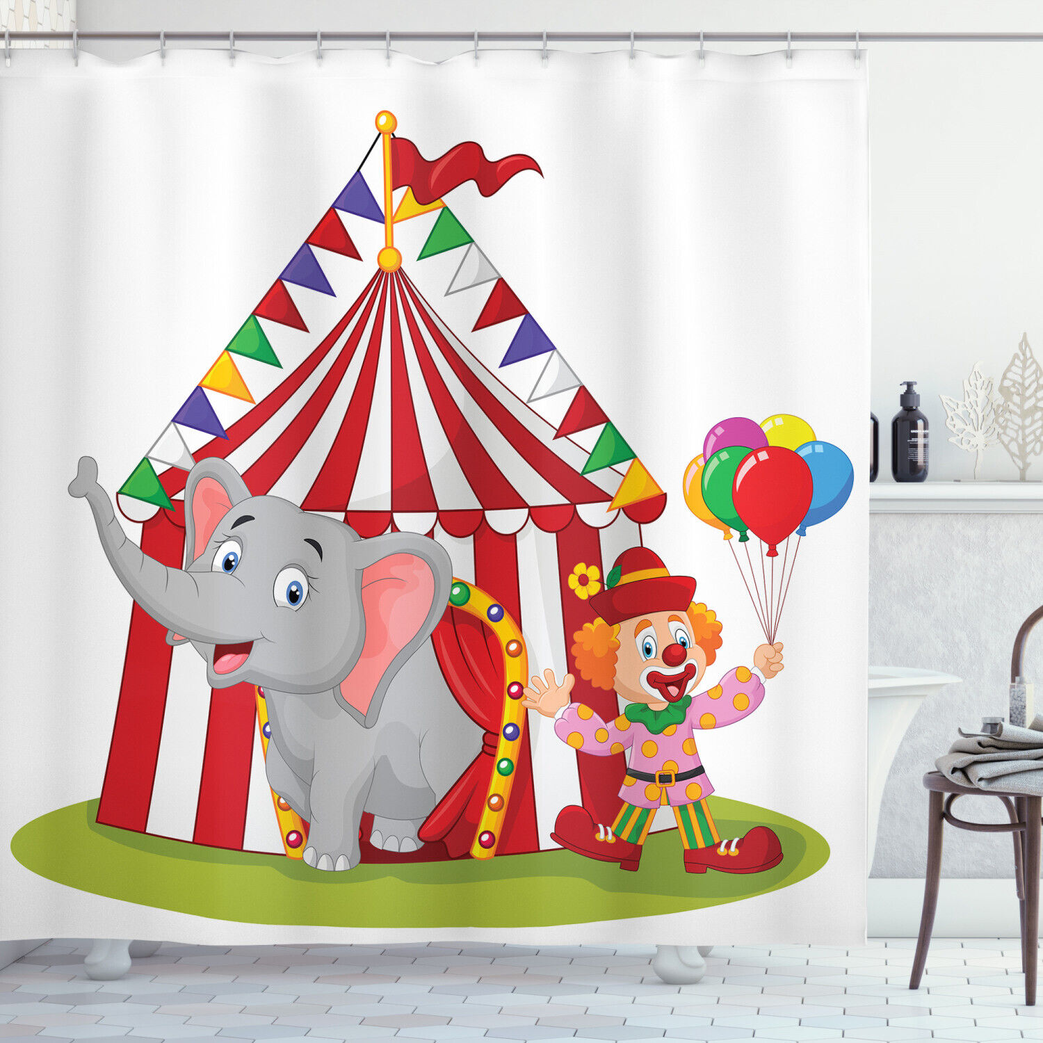 Playful Cartoon Shower Curtain With Circus Elephant Tent Print For Kids Bathroom Decor