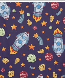 Playful Cartoon Space Rockets Planets Stars Pattern Shower Curtain For Bathroom Decor