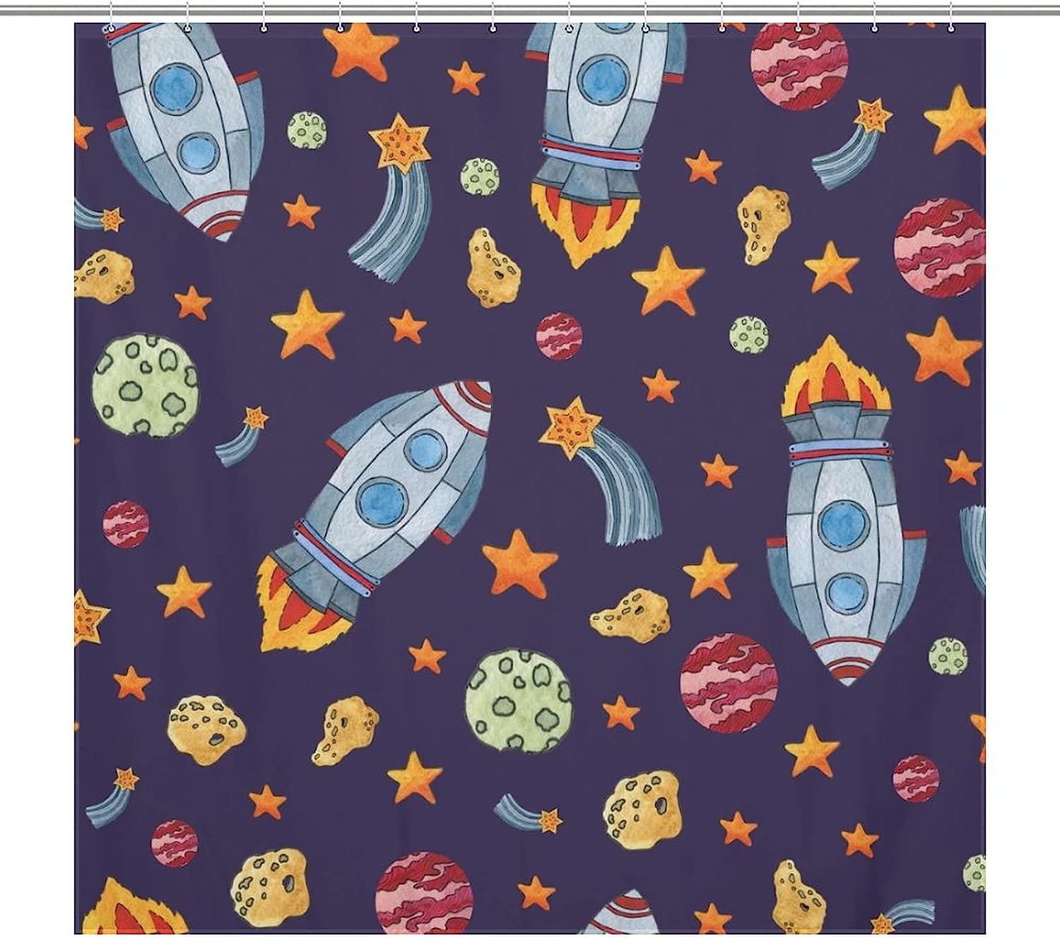Playful Cartoon Space Rockets Planets Stars Pattern Shower Curtain For Bathroom Decor