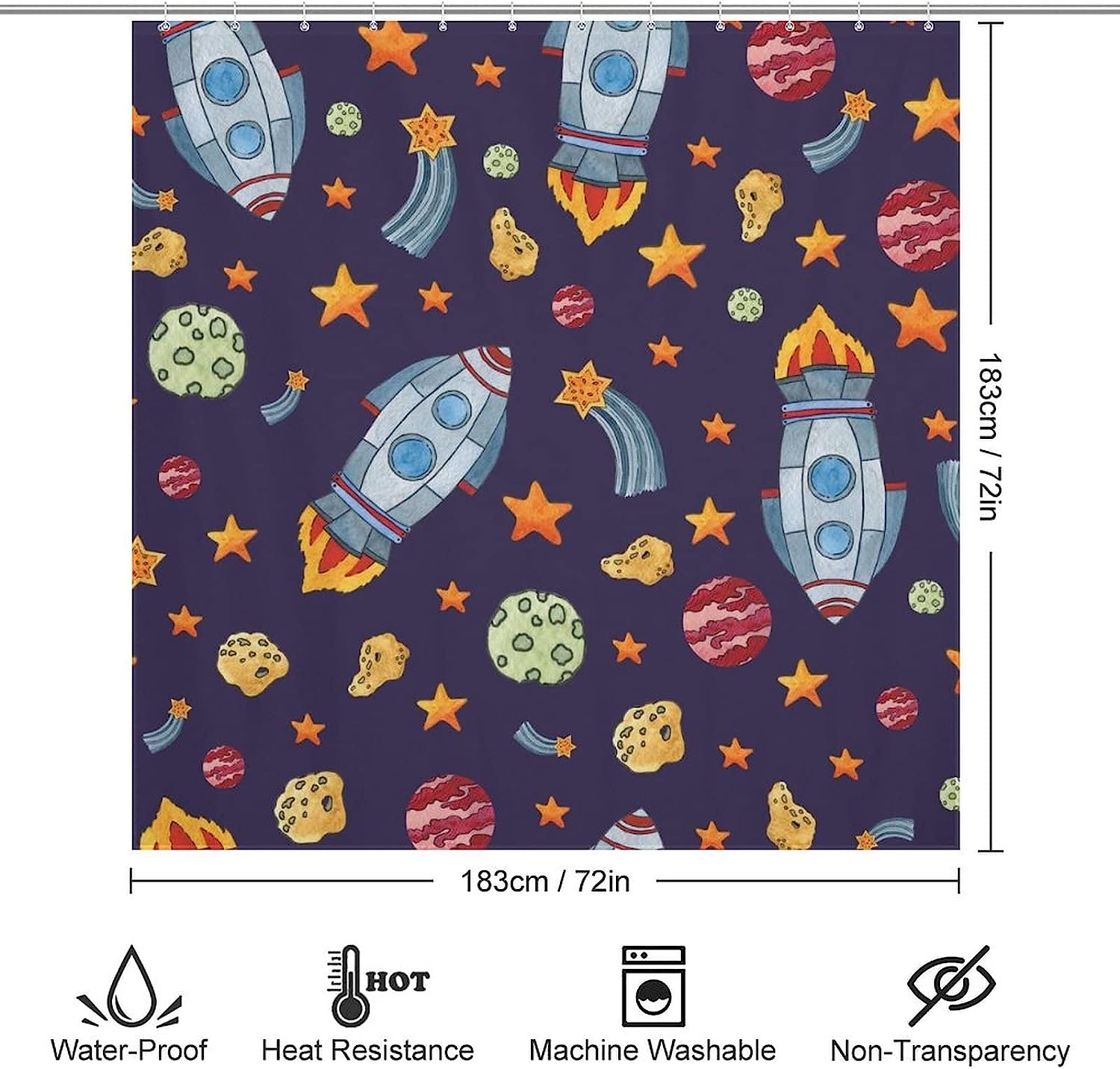 Playful Cartoon Space Rockets Planets Stars Pattern Shower Curtain For Bathroom Decor - Image 2