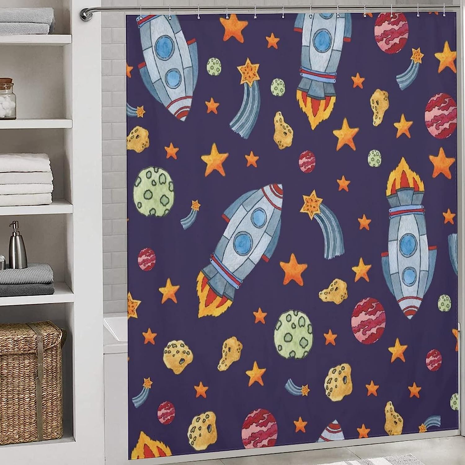 Playful Cartoon Space Rockets Planets Stars Pattern Shower Curtain For Bathroom Decor - Image 3